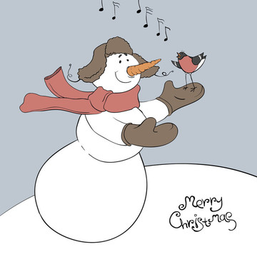 雪人和他的朋友-紅腹灰雀。圣誕插畫；載體；中。