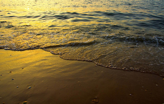 寧靜的海灘日出。海浪泡沫與金砂。