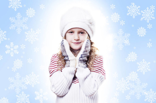 冬季女孩雪花藍色背景