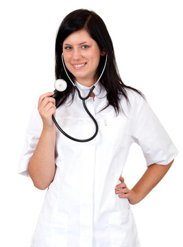 微笑的女女醫(yī)生的白色制服持聽診器