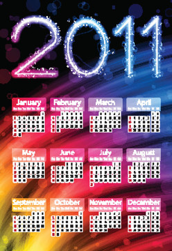彩色2011日歷黑色背景。彩虹的顏色