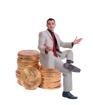 商人坐在金幣上