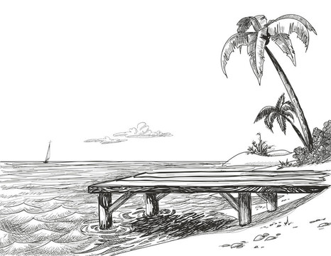 海灘；海和木制碼頭