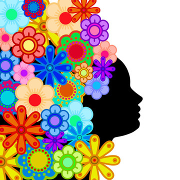女人臉上的輪廓與Colorful Flowers的頭發(fā)