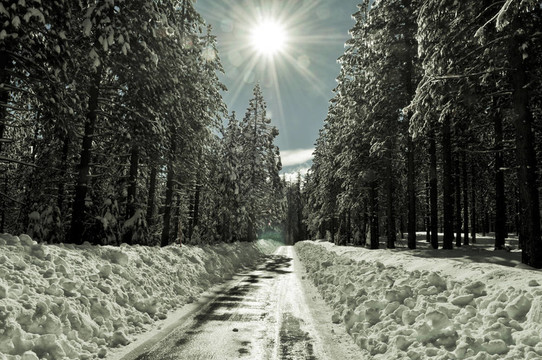 太陽(yáng)耀斑在雪中的道路