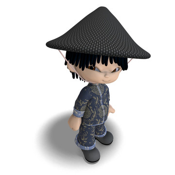 中國的卡通小男孩如此可愛和有趣。3D渲染與剪輯路徑和陰影超過白色