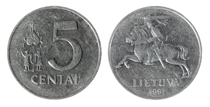 立陶宛點(diǎn)燃的硬幣；白色背景上的美分（1991年）