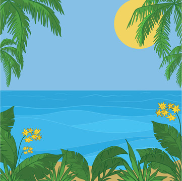 大海；太陽；天空；樹葉和花