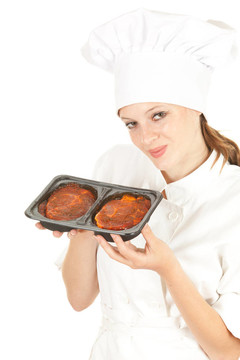 女廚師白色制服和帽子的肉；系列