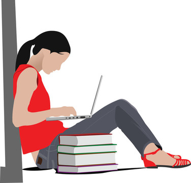 坐著筆記本電腦和書的女孩