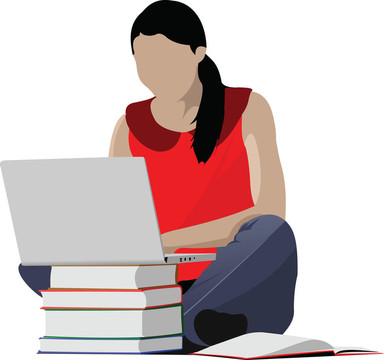 坐著筆記本電腦和書的女孩