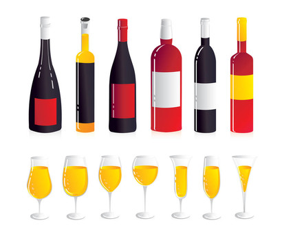 酒具。六酒瓶和白葡萄酒七杯。