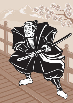 日本武士武士劍在橋上