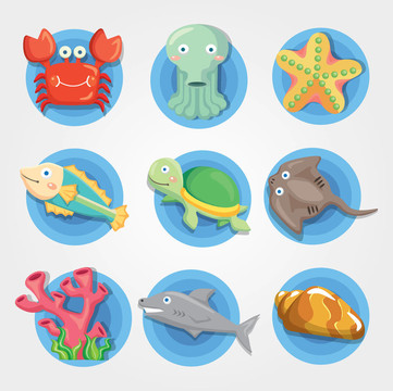 卡通水族館動物圖標(biāo)集；魚圖標(biāo)