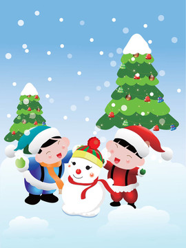 圣誕卡；兩個(gè)孩子堆雪人
