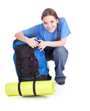 年輕的女游客的背包和carrimat全長(zhǎng)；系列；