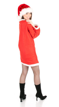 微笑的年輕女子穿著紅色的Santa衣服和帽子