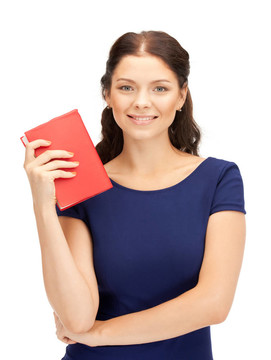 幸福和微笑的女人帶著書