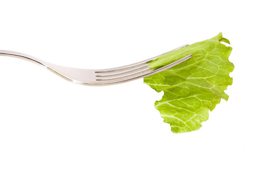 白色背景下的生菜和叉