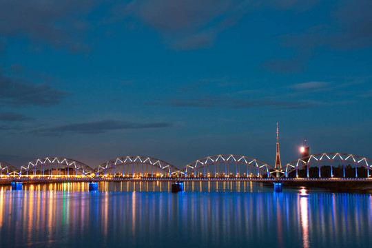 與城市河流和天空的夜景