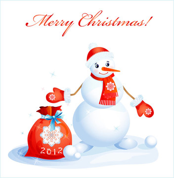 可愛的微笑雪人與紅色圣誕袋