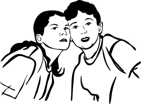 男孩和女孩臉頰臉頰看前面