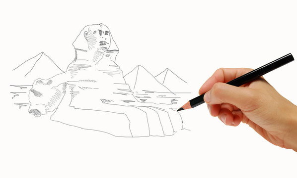 手繪素描獅身人面像與金字塔