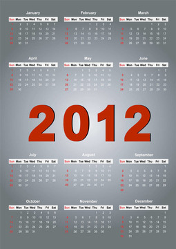 日歷為2012年