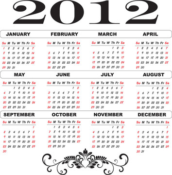 2012年日歷模板