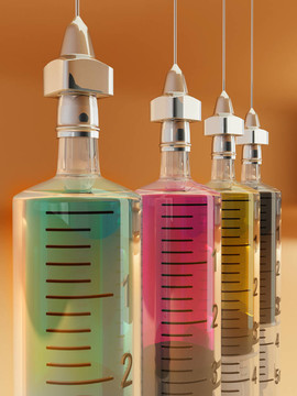四油漆注射器。CMYK。概念圖