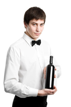 服務(wù)員斟酒，酒杯和酒瓶