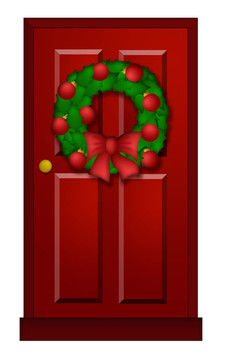 红色门与圣诞花环插图