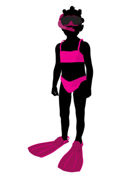非洲裔美國女孩浮潛剪影插圖