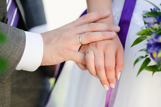 白人夫婦的雙手與結(jié)婚戒指特寫