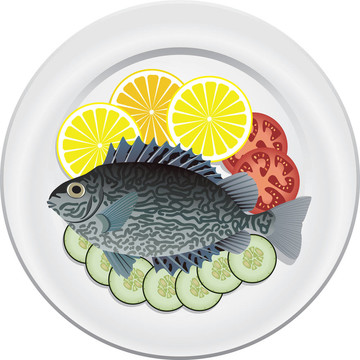 盤子上熟魚和生蔬菜