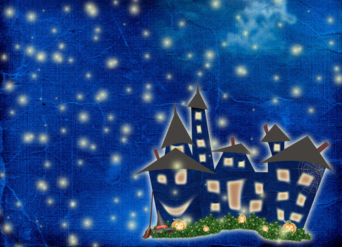明信片假日與城堡和南瓜在夜間背景