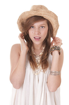 微笑的女孩在Straw Hat