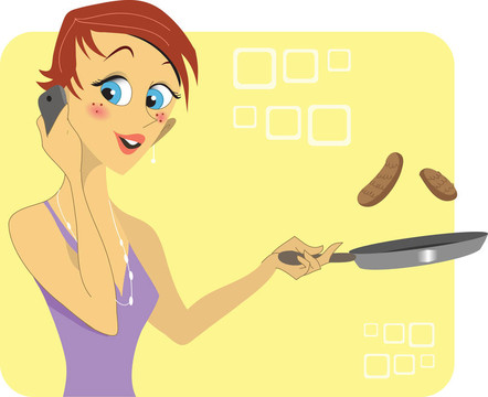 女人一邊做飯一邊打電話