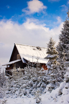 高山小屋。冰雪覆蓋的冬季風景。