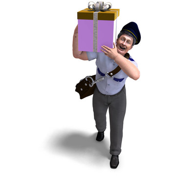 郵遞員delievers禮物給你。3D渲染與剪輯路徑和陰影超過白色