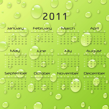 具有綠色雨滴背景的2011日歷圖像。