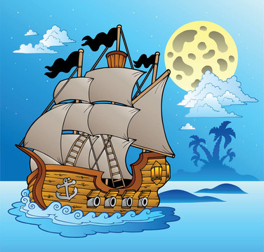 老船在夜晚的海景