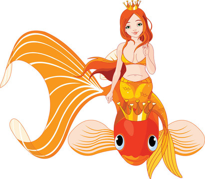 美人魚騎在金色的魚上
