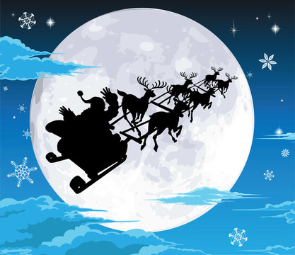 Santa在雪橇剪影對滿月