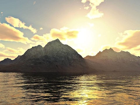 日落在山與前景湖