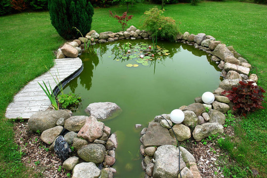 美麗的古典園林魚池設(shè)計(jì)在一個(gè)精心呵護(hù)的后院園藝背景