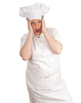 受驚的胖女人用白色制服和帽子做飯；系列