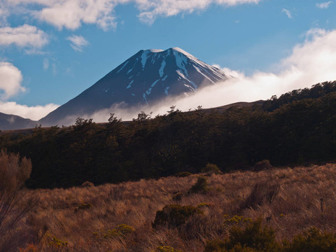在早晨的一個火山的云中看