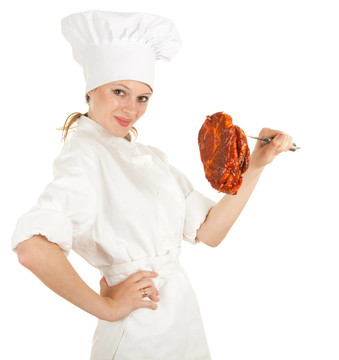 女廚師白色制服和帽子的肉；系列