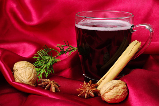 熱香料紅酒桂皮；八角茴香；核桃和一支紅色背景常綠（選擇重點）